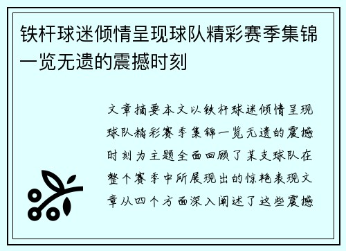 铁杆球迷倾情呈现球队精彩赛季集锦一览无遗的震撼时刻
