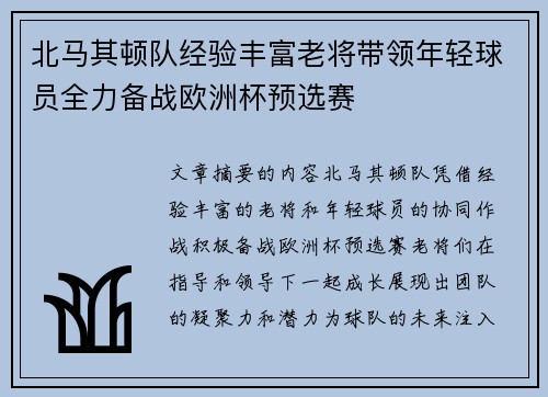 北马其顿队经验丰富老将带领年轻球员全力备战欧洲杯预选赛