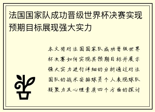 法国国家队成功晋级世界杯决赛实现预期目标展现强大实力