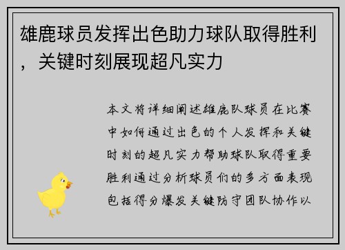 雄鹿球员发挥出色助力球队取得胜利，关键时刻展现超凡实力