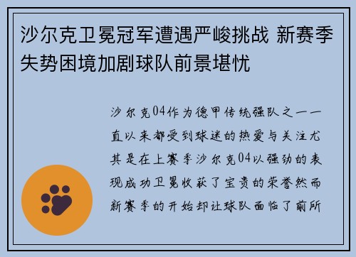 沙尔克卫冕冠军遭遇严峻挑战 新赛季失势困境加剧球队前景堪忧